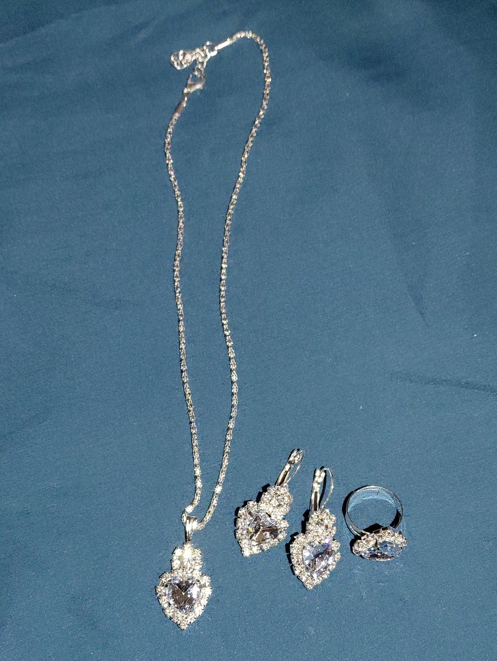 Silver-Tone Heart Crystal Necklace, Earrings & Ring Set - White
